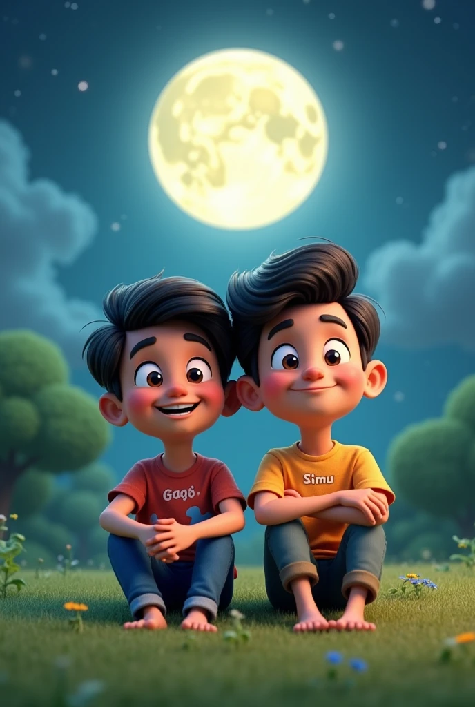 2 best friend sitting on grass enjoying the view of moon, one boy name "GAGAN" writing on the shirt and another boy name "simu" writing on the shirt shirt. 3d cartoon 