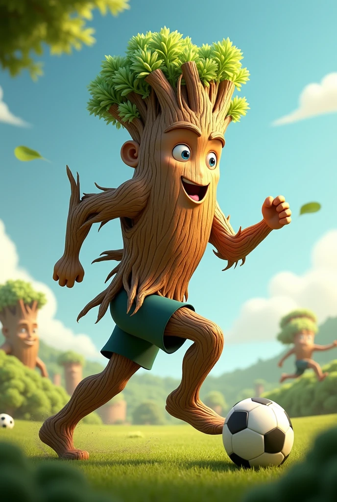 Make several animated logos of a tree trunk playing soccer