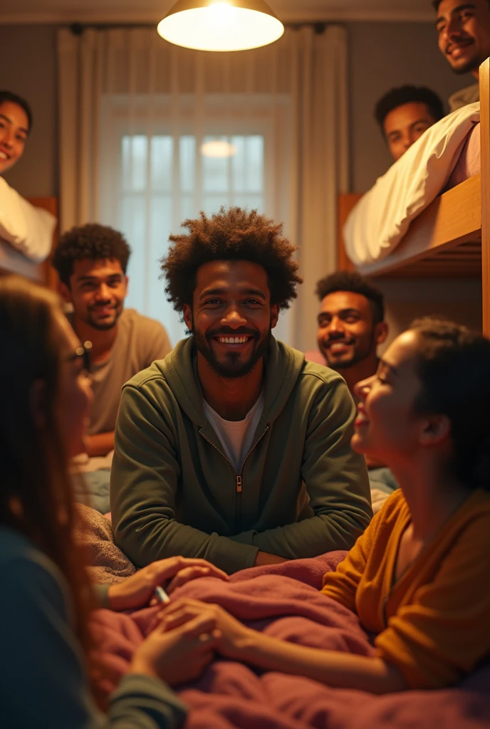 Black man. In a hostel room with bunk beds. Many roommates around. Smiling and cheerful. Ultra high resolution.