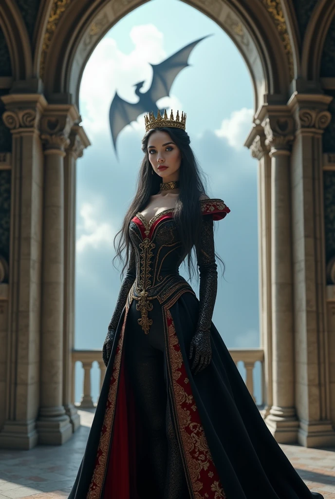 Take a 50 year old woman, she has blue eyes, long black hair and a strand of her hair is turning white, her skin is white, she is very beautiful
she is wearing a black dress with red and gold details, on her head is a simple crown that shows her position in royalty as queen consort 
She is in a medieval setting in the middle of a window, where in the background you can see a dragon flying 