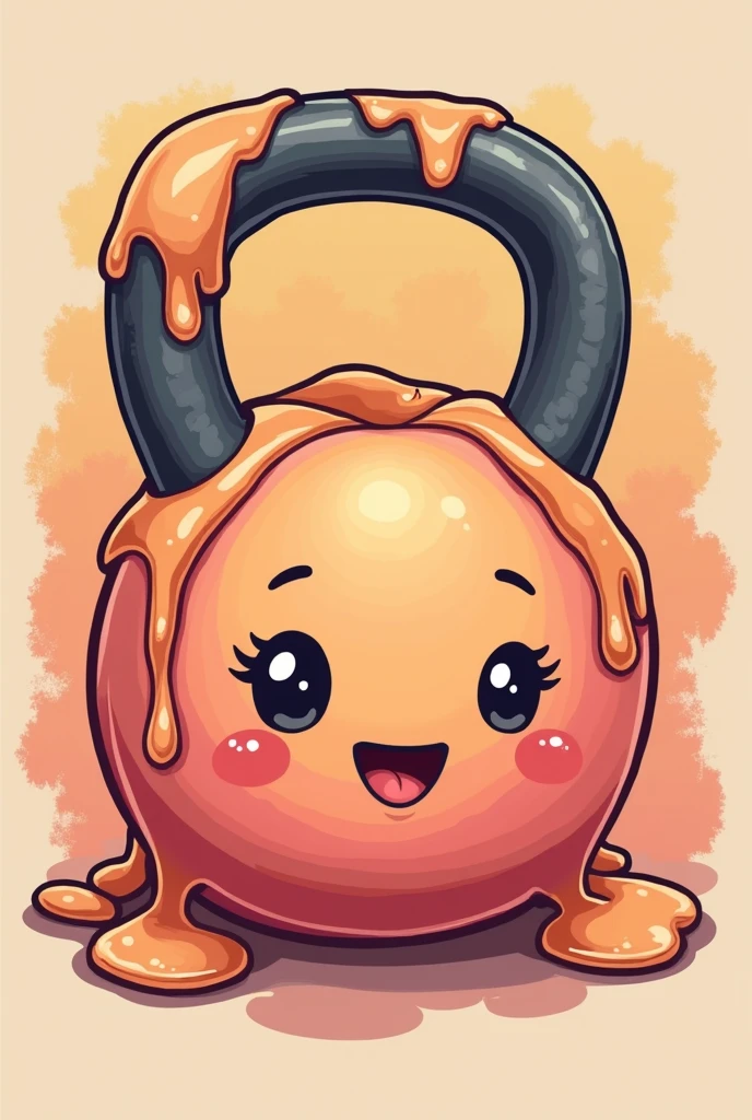 Design a fun T-shirt graphic of a kettlebell shaped like a peach emoji, but with a twist: add a layer of frosting or syrup dripping down the sides. The frosting should be a contrasting color, such as light pink or caramel, with a glossy texture to make it look deliciously tempting. Ensure the overall design is colorful and engaging.