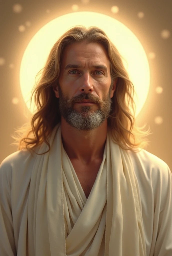 A portrait of a middle-aged Caucasian man with long brown hair and a beard, wearing a white robe and surrounded by a radiant halo of light