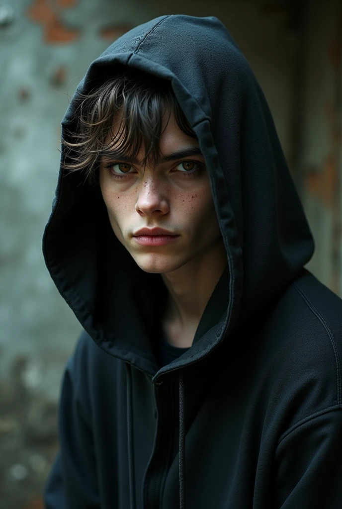 Mysterious young man, in a hoodie, with a big nose, clear hair, messy hair, eyes browns, mysterious