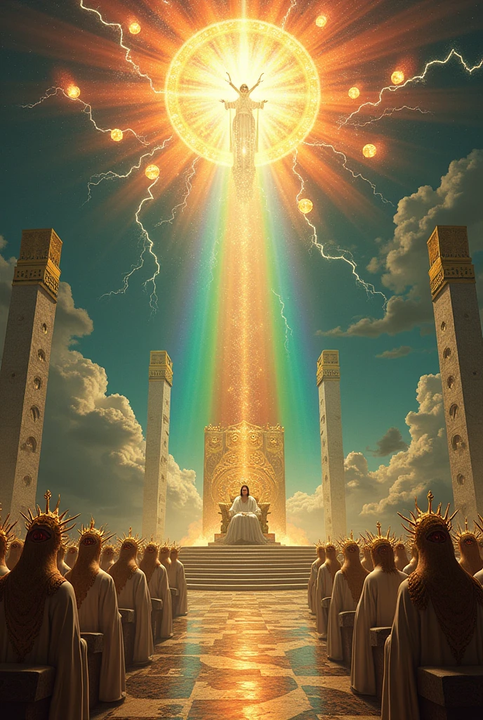 I immediately found myself taken by the Spirit, and before me was a throne in heaven, and on it was seated one.
3 And the one who sat there was like a jasper and a sardius in appearance.. a rainbow, looking like an emerald, surrounded or throne,
4 around which were twenty-four other thrones, and seated in them were twenty-four elders. They were dressed in white and had gold crowns on their heads.
5 From the throne came lightning, voices and thunder. Before him were burning seven lamps of fire, who are the seven spirits of God.
6 Also before the throne there was something like a sea of glass, clear as crystal. At the center, around the throne, there were four living creatures covered with eyes, both front and back.
7 The first creature looked like a lion, the second one looked like an ox, the third had a face like a man, The room looked like an eagle when in flight.
8 Each of them had six wings and was full of eyes., both around and under the wings. Day and night repeat without ceasing: "holy, holy, holy é o Senhor, the almighty God, what was it, that is and that is to come".