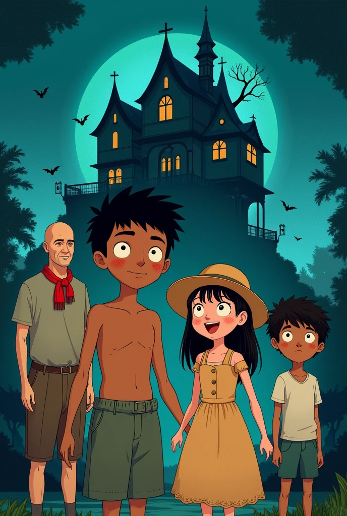 A movie poster with a shirtless brown boy with a brown girl with frock and hat and two brown boys with tshirt and shorts, a bald man with red shawl shirtless on background and an haunted house in the background in Ghibli style