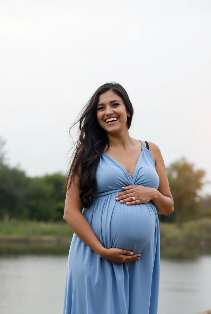 pregnant woman in blue dress standing in beautiful location  with trees in background, pregnant belly, pregnancy, pregnant, maternal photography 4 k, maternity feeling, photo of a woman, portrait image, wearing a blue dress, light blue dress portrait, third trimester, she is smiling and excited, wearing blue dress, tummy, wearing a plastic blue dress, close body shot, closeup photograph