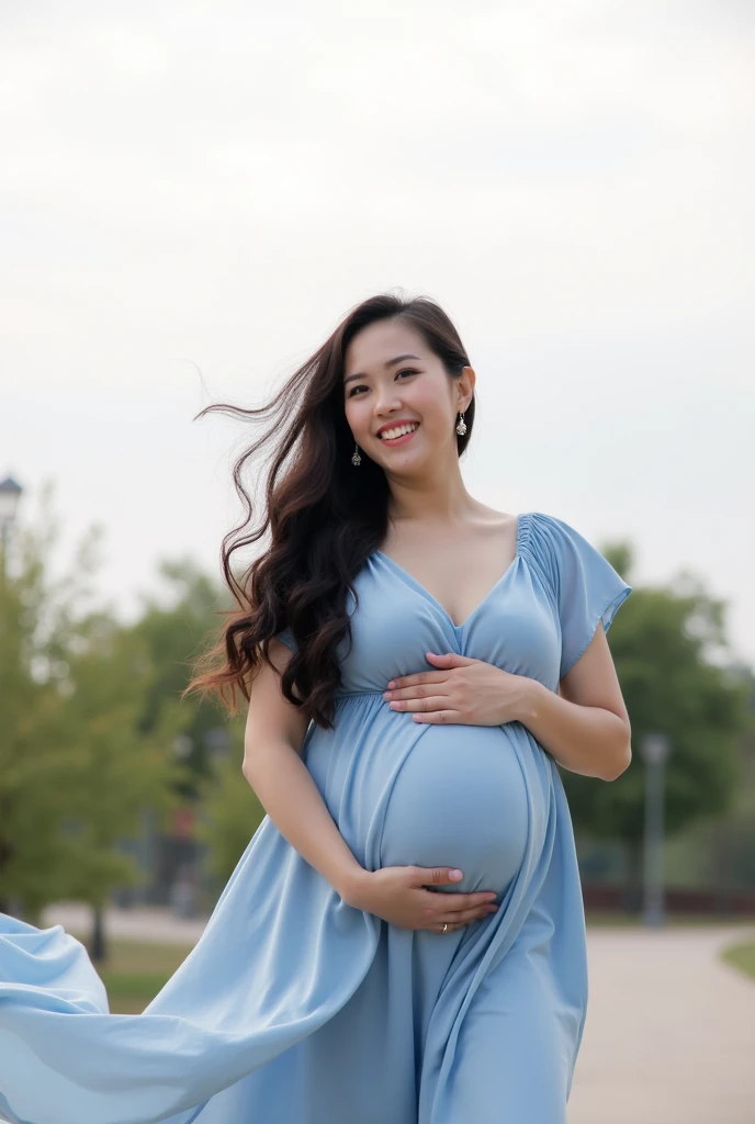 pregnant woman in blue dress standing in beautiful location  with trees in background, pregnant belly, pregnancy, pregnant, maternal photography 4 k, maternity feeling, photo of a woman, portrait image, wearing a blue dress, light blue dress portrait, third trimester, she is smiling and excited, wearing blue dress, tummy, wearing a plastic blue dress, close body shot, closeup photograph