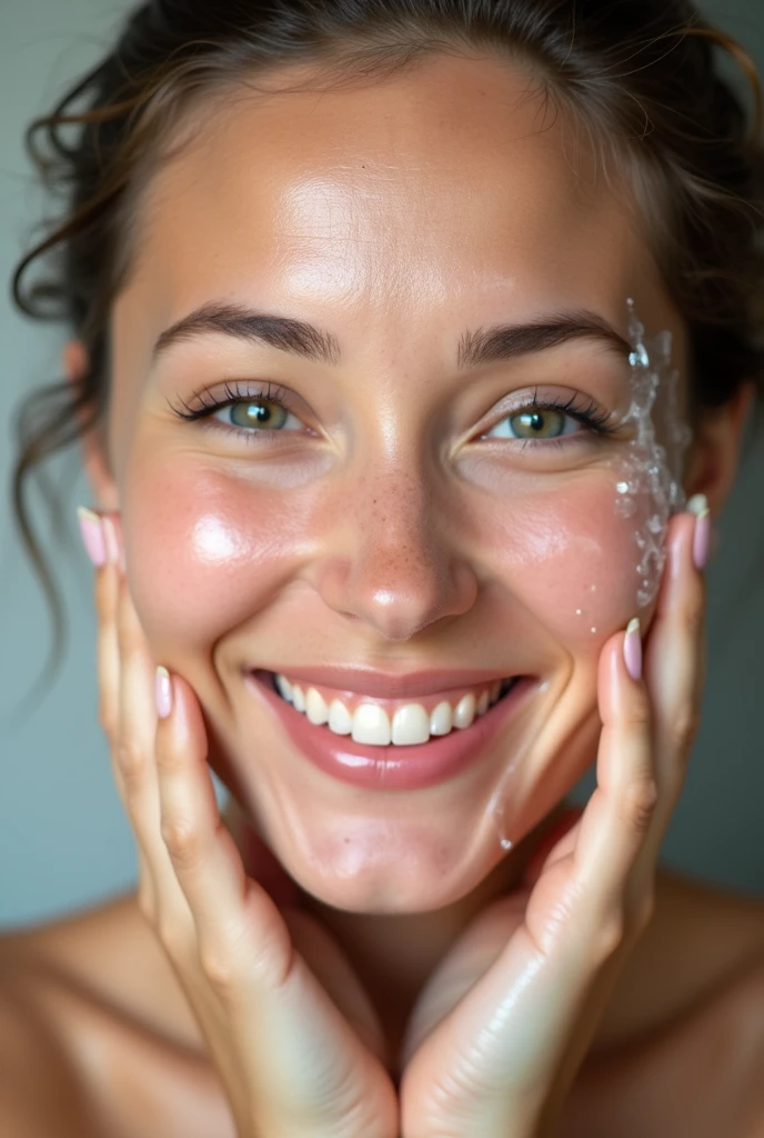 Image of a woman washing her face with bright, moisturized skin. She is washing her face with splashing water, looking refreshed.