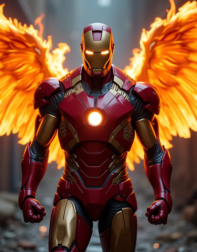 Here is a detailed description of the image in point form:
1. **Main Subject**: The image features a humanoid figure wearing a suit of advanced, metallic armor, reminiscent of Iron Man's design, with a sleek and glossy finish.
2. **Armor Color**: The armor is primarily red, with darker shades accentuating the details and contours of the suit, giving it a polished, almost reflective surface.
3. **Eyes and Arc Reactor**: The helmet has glowing, narrow eye slits emitting a bright, intense yellowish-orange light, giving the figure a menacing appearance. The chest has a prominent circular arc reactor, also glowing with a similar bright light.
4. **Wings**: The figure has large, fiery wings extending from its back. The wings are composed entirely of flames, with intricate, feather-like details formed by the fire, radiating intense heat and light.
5. **Fire Effects**: The flames surrounding the figure are dynamic, with varying intensities, giving the wings and armor a fiery, almost celestial appearance. The fire seems to ripple and move, enhancing the sense of power and energy.
6. **Environment**: The background is blurred but suggests a dark, industrial or urban setting with muted tones, making the fiery figure stand out as the focal point.
7. **Lighting and Atmosphere**: The lighting in the image is dramatic, with the flames providing most of the illumination, casting an orange glow on the surroundings. The atmosphere feels intense and powerful, emphasizing the strength and otherworldly nature of the figure.
8. **Pose**: The figure is standing in a powerful stance, with fists clenched and slightly bent at the elbows, suggesting readiness or an aggressive posture.
9. **Overall Theme**: The combination of the high-tech armor with the fiery wings gives the character a blend of technology and mysticism, making it appear as a powerful, almost mythological warrior.