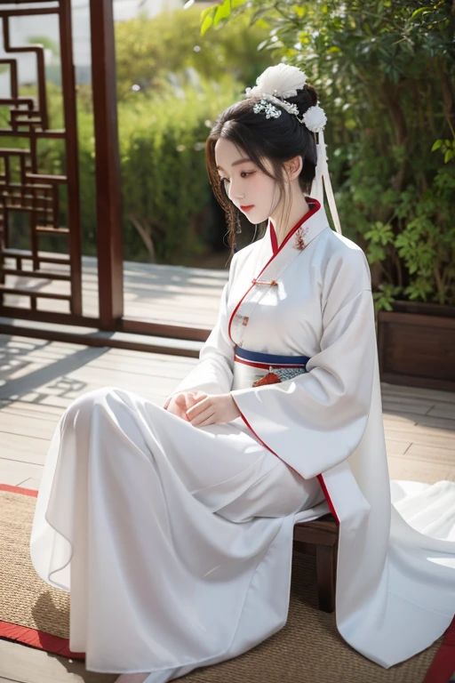 A woman in a white dress is sitting on the floor,White Hanfu,palace,Girl wearing Hanfu,Hanfu,Dressed in ancient Chinese costumes,Gurwitz,Ethereal Beauty,Guttweiz-style artwork,Beautiful fantasy queen,Chinese traditional clothing,Chinese clothing,Chinese traditional,Light milky white porcelain skin,Ordinary girl's bare feet and hands,Sexy