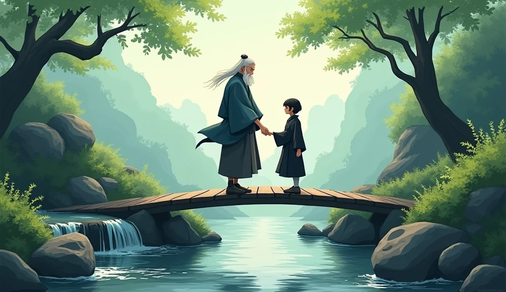 Master Koji leads Hiro to a small wooden bridge that crosses a gently flowing stream. The bridge is simple but elegant, fitting seamlessly into the natural surroundings. Hiro watches the water flow over rocks and around bends, his dark robe fluttering slightly in the breeze. Koji, standing beside him, with his white hair tied back and his beard flowing, speaks of the importance of adapting to change. The stream’s soft, steady flow embodies the lesson of flexibility and resilience