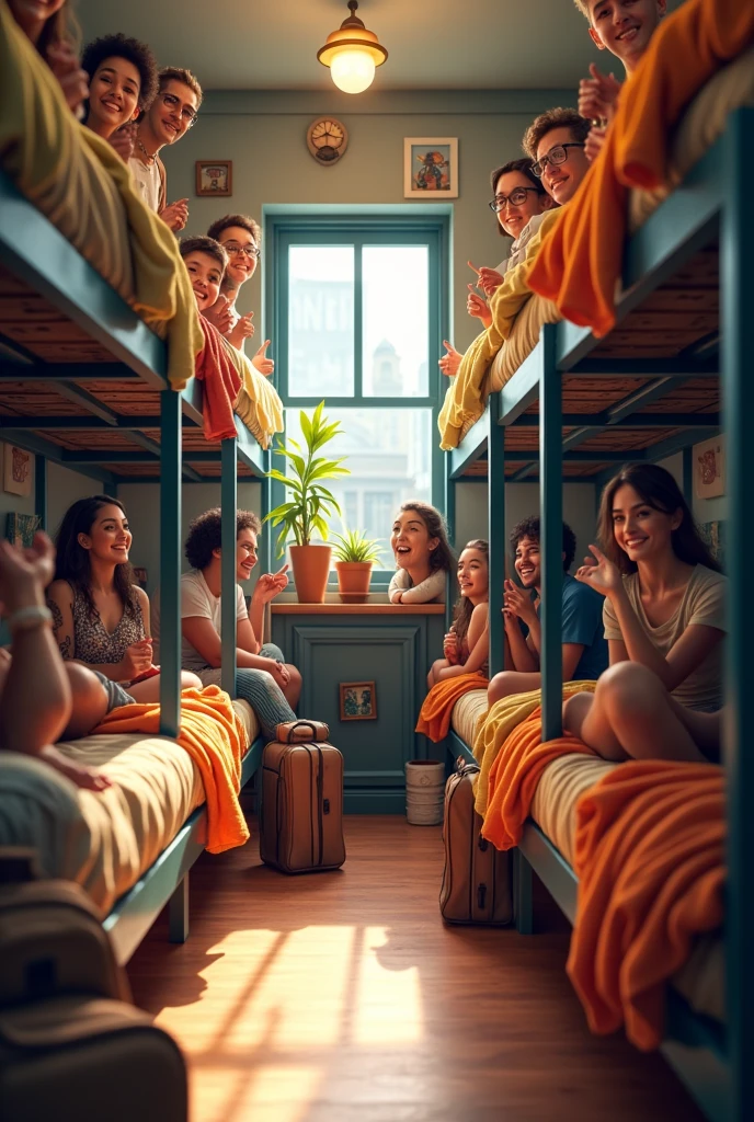Black hostel room with bunk beds. Many roommates around. Smiling and cheerful. Ultra high resolution.