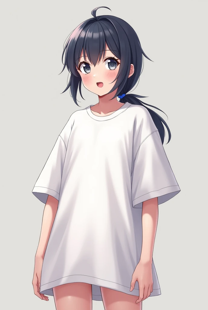 Human gawr gura wearing a oversized white t shirt