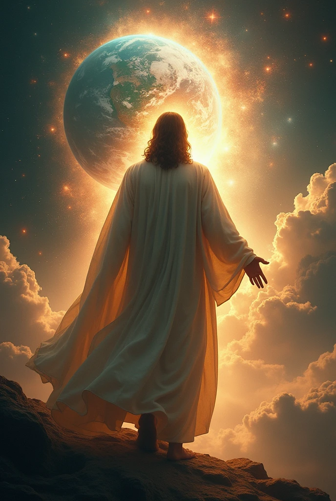 Jesus with his back to the planet Earth with a lot of light surrounding it