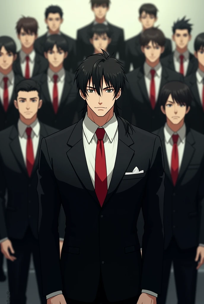 a guy standing in a formal black suit white shirt and red tie , looks pretty muscular . He has around ten guys behind him who has the exact same facial features . He has a face , has mullet hairstyle and dark black hair . The ten guys behind are standing behind in a indisciplined pattern and posing like shooters