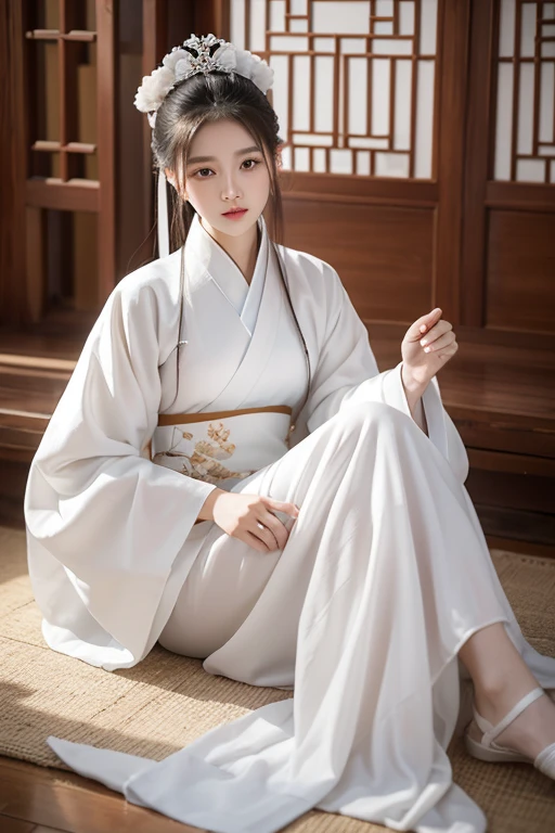 A woman in a white dress is sitting on the floor，White Hanfu，palace，Girl wearing Hanfu，Hanfu，Dressed in ancient Chinese costumes，Gurwitz，Ethereal Beauty，Guttweiz-style artwork，Beautiful fantasy queen，Chinese traditional clothing，Chinese clothing，Chinese traditional，Light milky white porcelain skin，Ordinary girl&#39;s bare feet and hands，Sexy