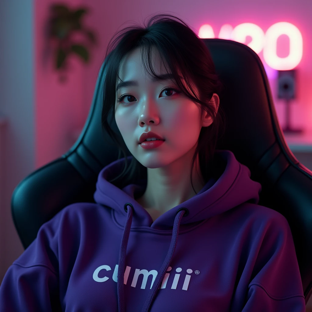 A beautiful Korean woman , sitting in a gaming chair wearing a dark purple hoodie with a name on it " cumiii "