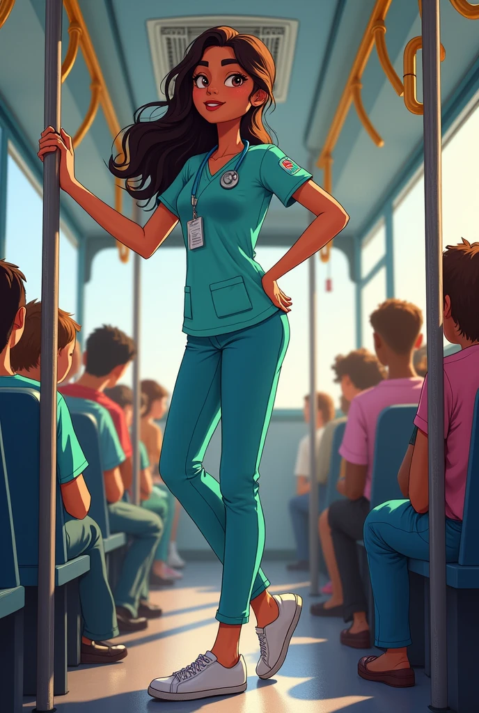 Nursing student on bus. Standing Supported by metal tube ,Animated design