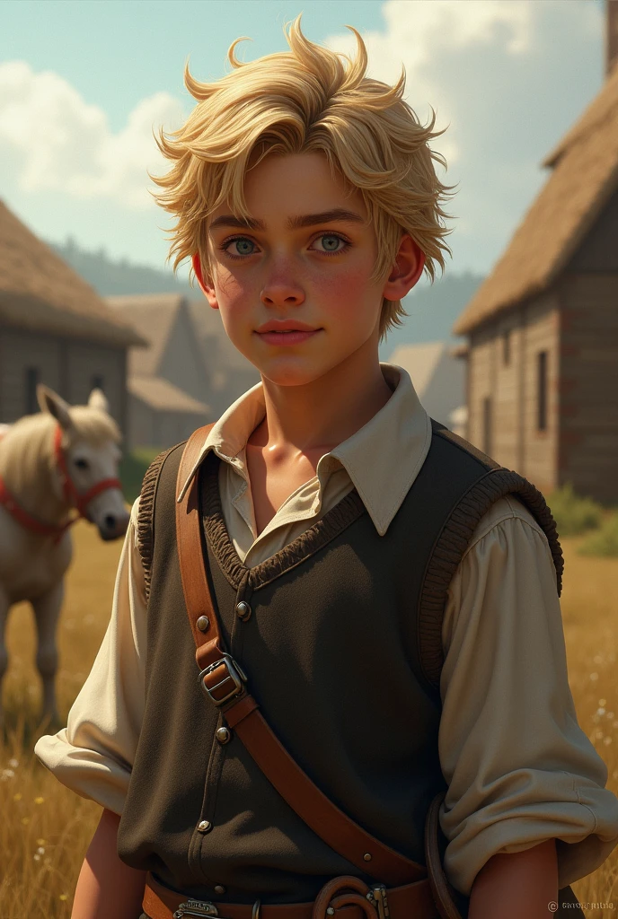 16 years, masculine, blonde hair, 17. century, hole body, Farmer's son