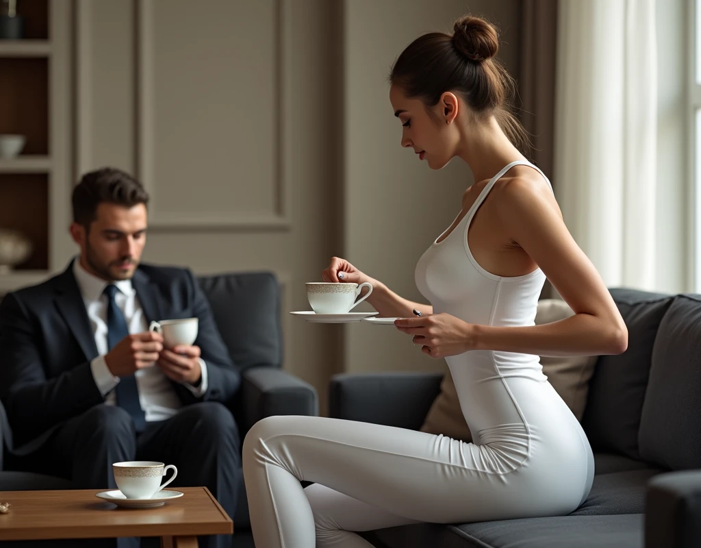 an attractive woman dressed in an all-white compression wear, serving tea to a man dressed in a black executive suit seated on a sofa