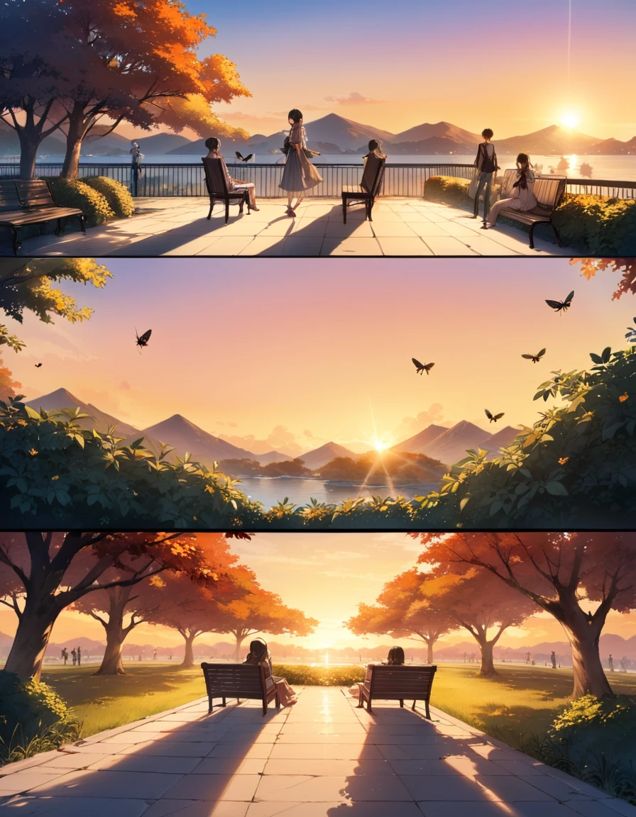 from {above|below|side|behind}, multiple scenes, multiple angle, split view, grid view, manga panels, spoken bubbles, absurdres, best quality, masterpiece, ultra detailed beautiful moe anime, dynamic angle, close up face, (At the end of summer, in the twilight, autumn insects quietly chirp in the bushes of the park. The sky is painted orange, and as the sun sets, a cool breeze begins to blow. The setting sun’s rays softly illuminate the bushes, and the insects’ chirping creates a soothing rhythm. On the park benches, people enjoying their evening stroll sit and savor the peaceful moments. This scene, signaling the end of summer, evokes a sense of nostalgia and brings deep tranquility to the heart.)