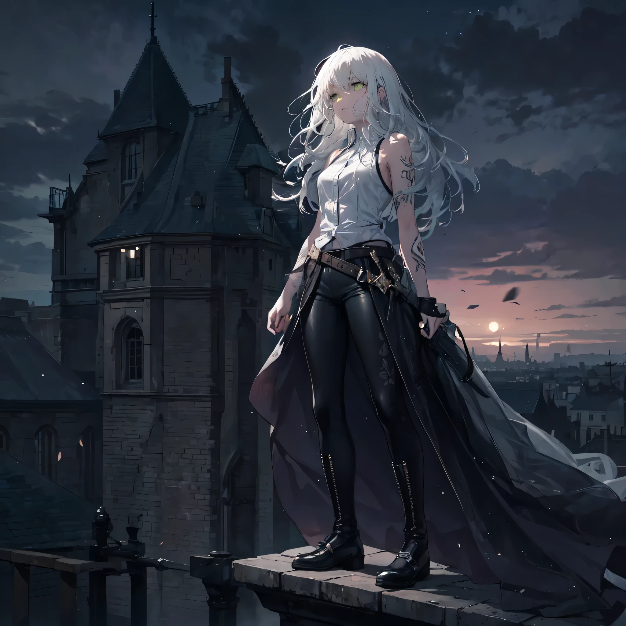 a lone girl standing on the roof of an old castle at night, long white hair blowing in the wind, giving a serene and melancholy impression, beautiful detailed green eyes gazing upwards, wearing a tight black pants, white sleeveless shirt, and practical shoes, photorealistic, cinematic lighting, dramatic atmosphere, detailed rendering, muted color palette, her skin is covered with lots of white rose tattoos that cover the her entire skin, a dull red glowing knife in her hand
