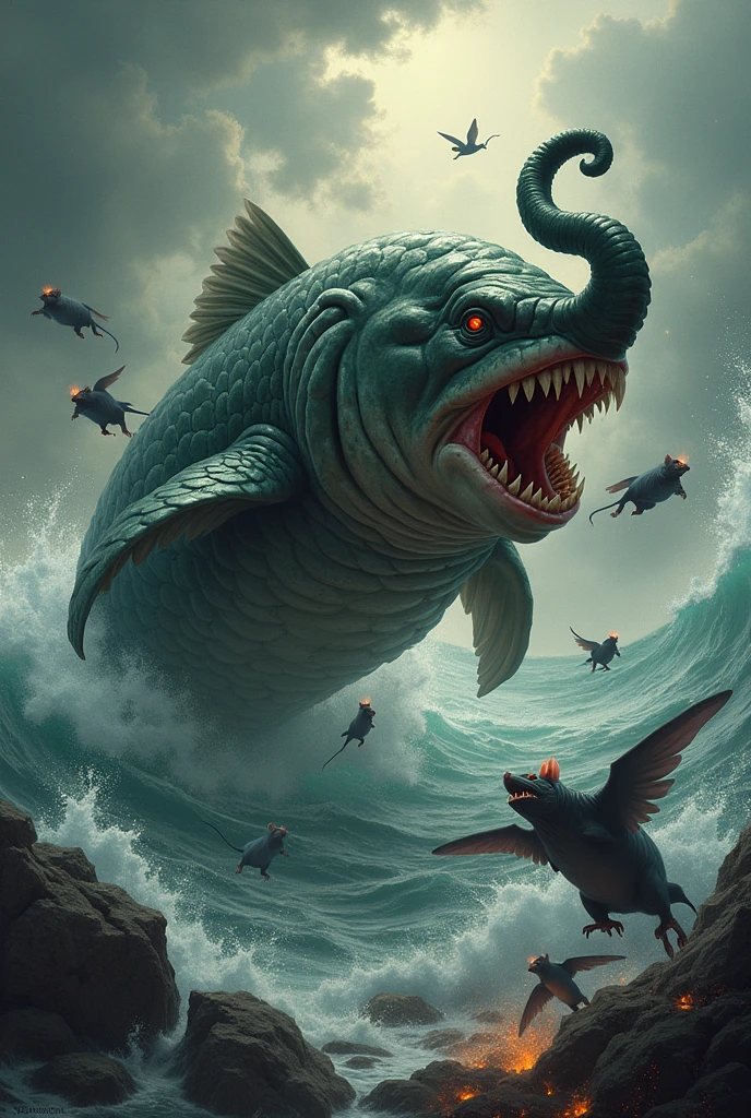 Lord ganesha with fish body angry face agressive sea background rats flying with red ant eye fighting with shark fire rain 