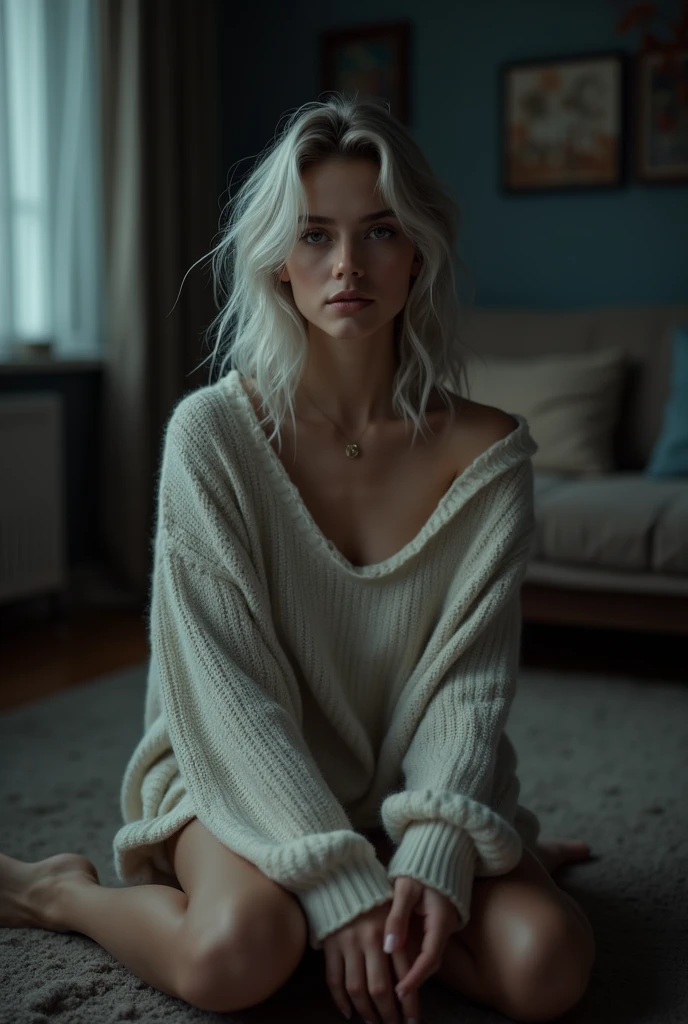 Beautiful girl with white skin, light gray hair, professional photo, realistic, against the backdrop of a dark living room, sits on the floor and looks straight ahead, dressed in a sweater and shorts