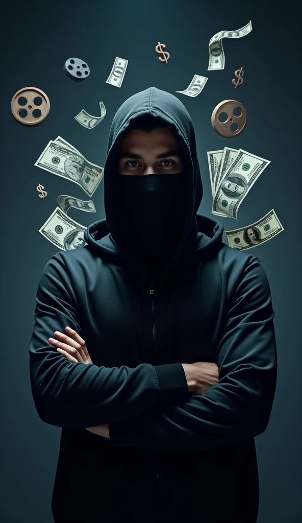 "Create a high-resolution, visually engaging course cover image. The central subject should be a male figure hiding his face with a black mask or ninja-like attire, positioned dynamically in an action pose. The mask should completely obscure the facial features to emphasize anonymity. Use a solid, high-contrast background color, such as deep navy blue, black, or dark gray, and add subtle gradients or textures to provide depth while keeping the background unobtrusive. Place symbols of financial success, like dollar signs ($), stacks of bills, or currency icons behind the male figure. Ensure these elements are visible but do not overshadow the main subject. They should be integrated into the background to emphasize the theme of financial success. Include visual references to video editing, such as camera icons, film reels, or editing software icons (like scissors or a timeline), also positioned behind the main subject. These elements should be subtly blended into the background, maintaining a clean and professional look while reinforcing the video content creation theme. The overall style should be sleek and modern, with a balanced composition that ensures the main subject and thematic elements (money and video editing) are visually harmonious. Avoid any text or written elements. The image should effectively convey the concepts of financial success through video content creation while maintaining the theme of anonymity."

