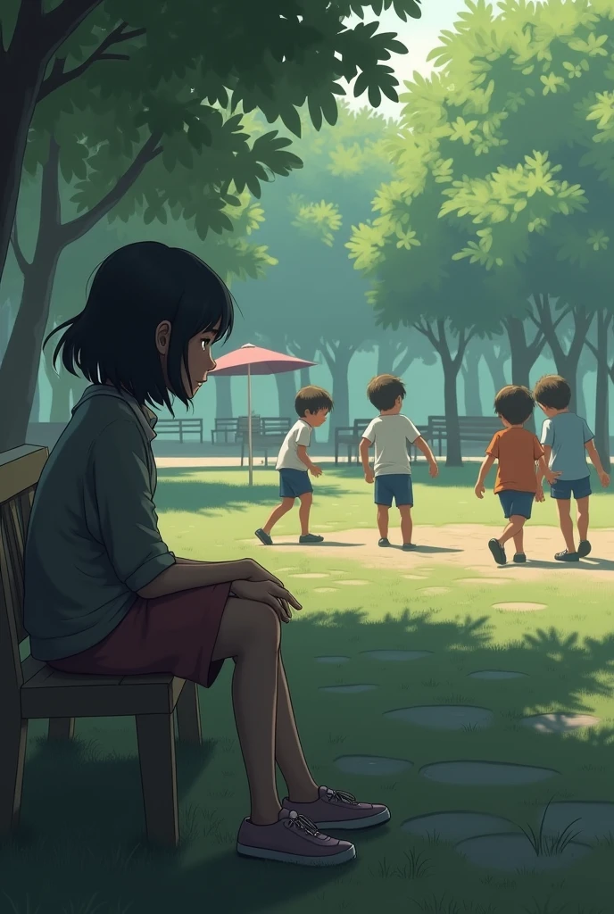 A sad girl sitting in a bench watching other 4 boys enjoying