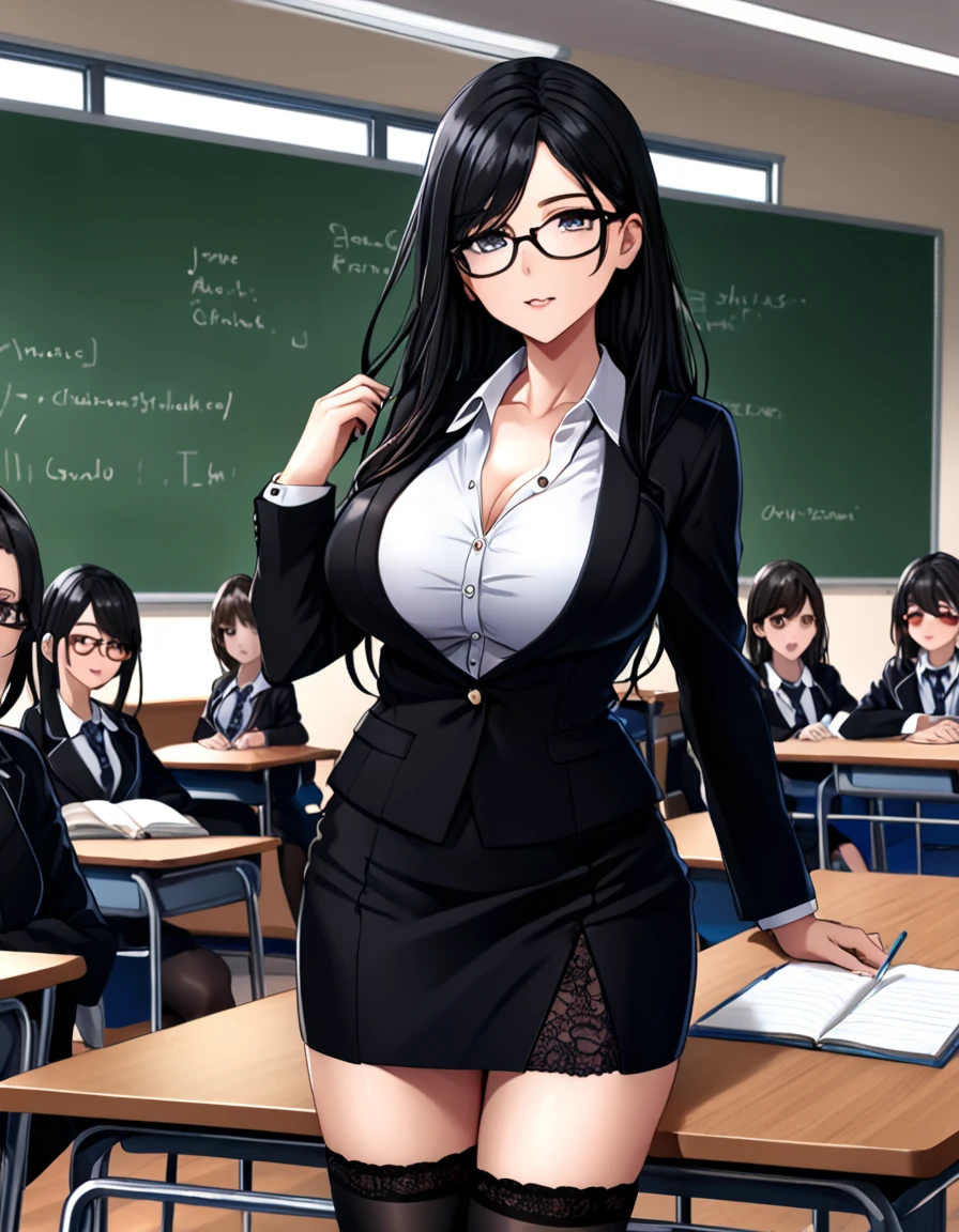 Highest quality、1 female 30-year-old、female teacher、Black Hair、Long Hair、Dark Eyes、Big Breasts、Black suit、Parted bangs、Pencil Skirt、garter belt、Knee-high socks、Cleavage、clavicle、Expressionless、Square rimless glasses、Stand at the podium in a school classroom