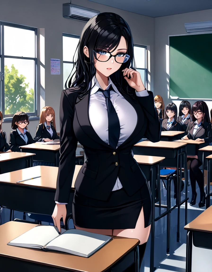 Highest quality、1 female 30-year-old、female teacher、Black Hair、Long Hair、Dark Eyes、Big Breasts、Black suit、Parted bangs、Pencil Skirt、garter belt、Knee-high socks、Cleavage、clavicle、Expressionless、Square rimless glasses、Stand at the podium in a school classroom