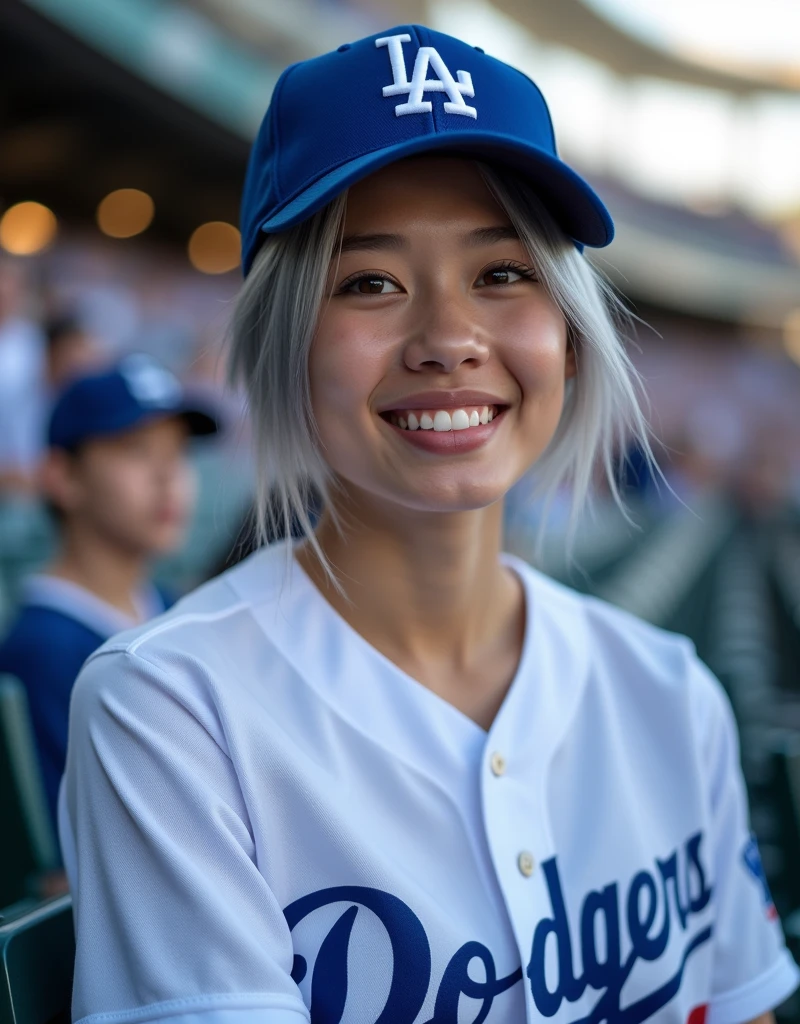 (RAW Photos, Highest quality, masterpiece: 1.2), (Realistic: 1.4), Best lighting, 20-year-old,Beauty (Light grey hair, Shortcuts, Hair above the ears, Symmetrical eyes, Fair skin, alone, Detailed skin, Detailed Background:1.2), Front view, smile, Angle from field to spectator seating, Sitting in the stands at a baseball stadium watching the game, Holding the iPhone 15 Pro in one hand, Many spectators, Wearing a Los Angeles Dodgers baseball cap and Los Angeles Dodgers uniform, Large Breasts,Big Breasts, accessories, Tie your hair back, Daytime, Exposure to sunlight
