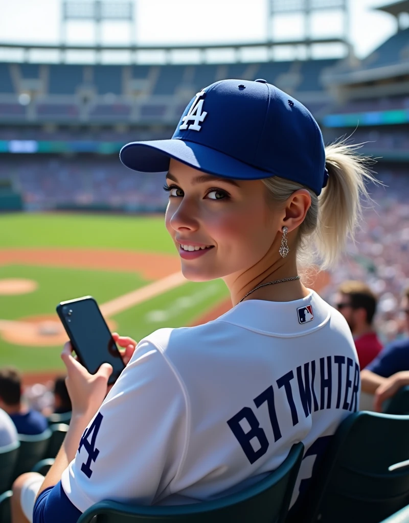 (RAW Photos, Highest quality, masterpiece: 1.2), (Realistic: 1.4), Best lighting, 20-year-old,Beauty (Light grey hair, Shortcuts, Hair above the ears, Symmetrical eyes, Fair skin, alone, Detailed skin, Detailed Background:1.2), Front view, smile, Angle from field to spectator seating, Sitting in the stands at a baseball stadium watching the game, Holding the iPhone 15 Pro in one hand, Many spectators, Wearing a Los Angeles Dodgers baseball cap and Los Angeles Dodgers uniform, Large Breasts,Big Breasts, accessories, Tie your hair back, Daytime, Exposure to sunlight