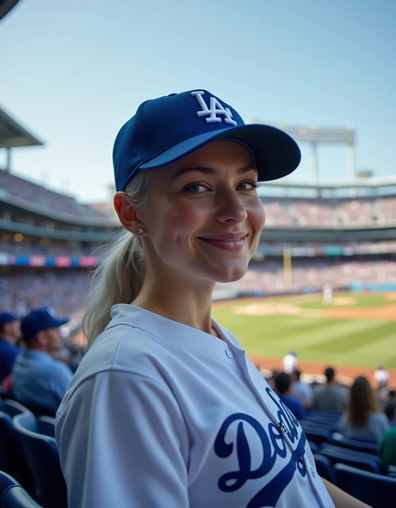 (RAW Photos, Highest quality, masterpiece: 1.2), (Realistic: 1.4), Best lighting, 20-year-old,Beauty (Light grey hair, Shortcuts, Hair above the ears, Symmetrical eyes, Fair skin, alone, Detailed skin, Detailed Background:1.2),　Front view, smile, Angle from field to spectator seating, Sitting in the stands at a baseball stadium watching the game, Holding the iPhone 15 Pro in one hand, Many spectators, Wearing a Los Angeles Dodgers baseball cap and Los Angeles Dodgers uniform, Large Breasts,Big Breasts， accessories, Tie your hair back, Daytime, Exposure to sunlight