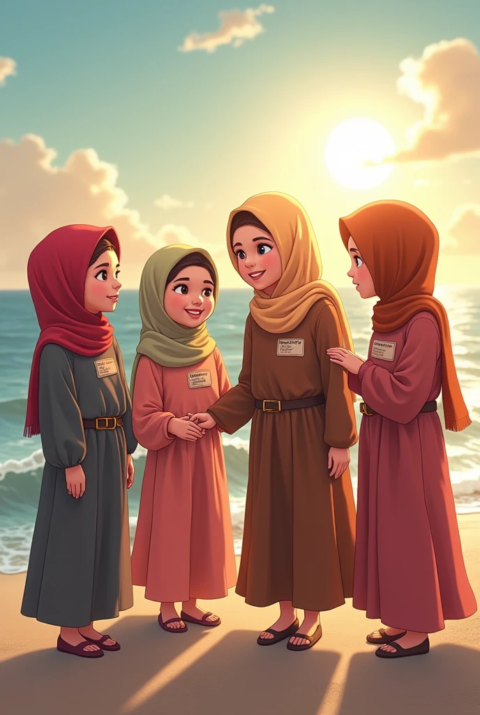 4 girl wear hijab with name tag FARISHA SAFIA , HANI HUMAIRAH , ADRINA SAZLIN , DANIA NAQHILEA at beach