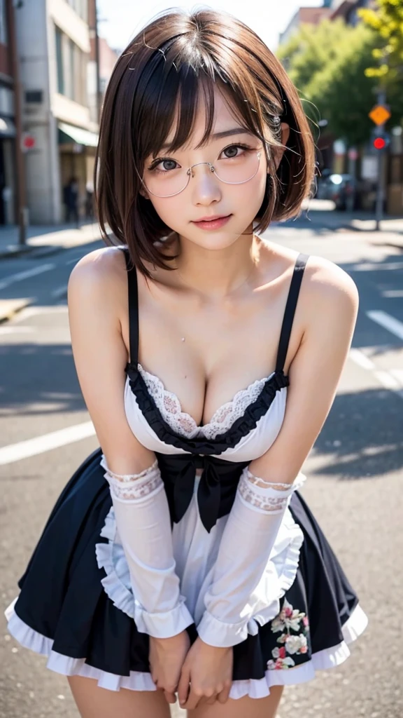 (masterpiece, Best Quality:1.2), 8K, 1 girl, 1 Japanese girl, 85 mm, Official art, Raw photo, Pretty Face, close up, face focus, cute Girl, Cinch waist, beauty thighs, soaking wet, sweat, medium breasts, frilled maid costume with many laces, large round glasses, standing, leaning forwards, on a street, Looking at Viewer, No makeup, (aroused, embarrassed, blush :1.2), Film grain, chromatic abberation, Sharp Focus, face lights, clear lighting, , Detailed face, Bokeh background