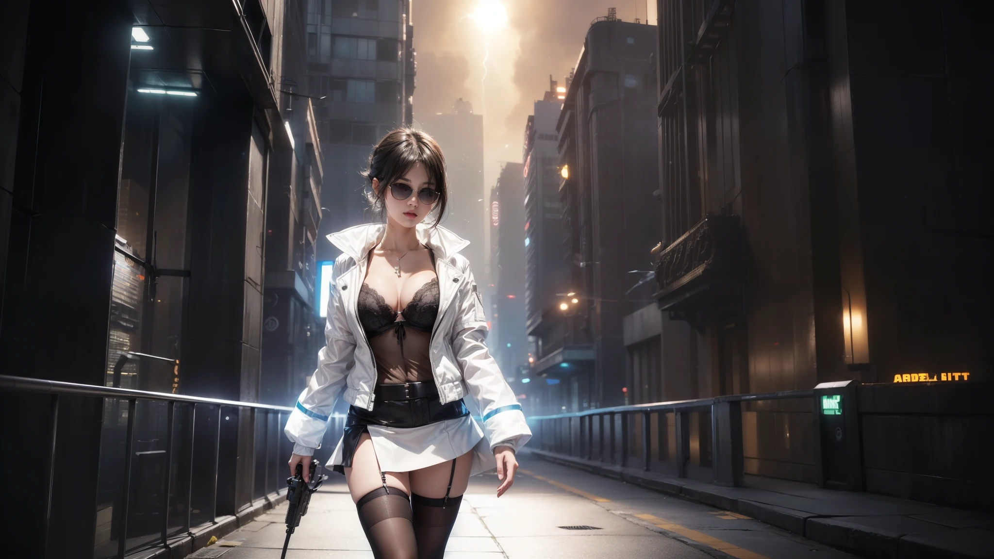 (Wide angle view). Blade Runner style futuristic city, simple outlined transparent neon tall buildings, glowing giant clock tower, flying cars, helicopter, lightning, 3D rendering Beeple. At night, (1girl, solo, alone), photorealistic, medium-breast slim:0.6 body, oval:0.6 face, cleavage:1.1, sexy black laced bra, glove, deep-V, (very low angle view of miniskirt), white laced panty, coat, (Matrix style black micro sunglasses), ((aiming viewer with a short gun)), (running pose), (half-body thigh level close-up shot), cinematic lighting, ray tracing.