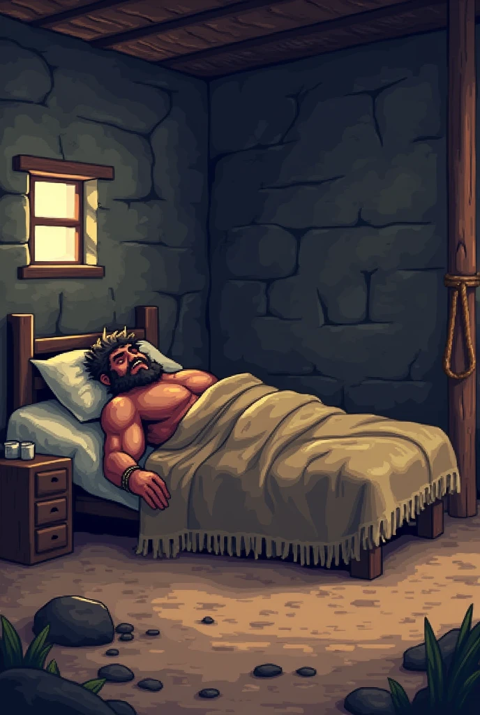 Pixel image of a 2D savage man sleeping under a blanket on a bed in a stone hut with one window.
