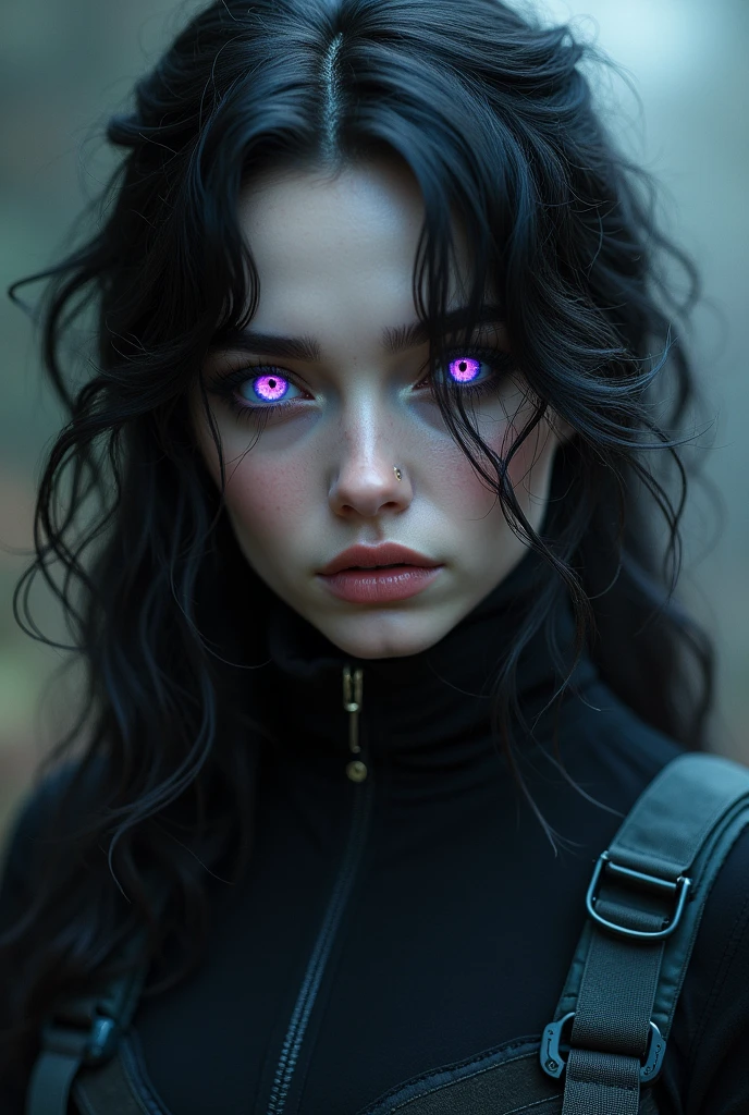 Crow's appearance, she naturally has a rather pale complextion, matched with her black wavy hair and unique vibrant violet eyes a rare eye color, this paired with light tactical gear, she also has an assassin vibe