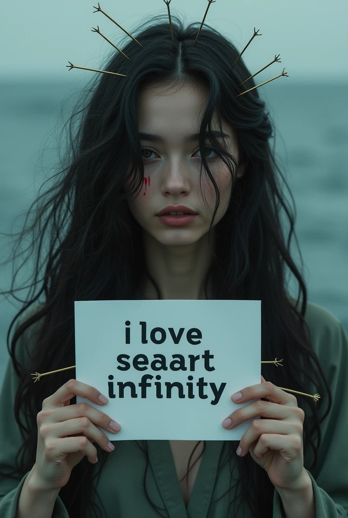 Beautiful girl with wavy long hair, bohemian dress, holding a white board with text "I Love Seaart Infinity" and showing it to the viewer image of a beautiful woman in the dark sea , some tree of sewing needle into her skin ,and the blood is running down of her face and blood