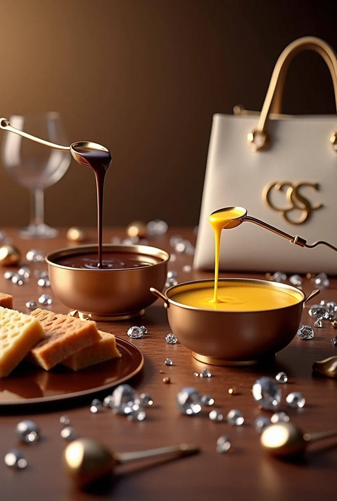 Make a picture of a table with a chocolate fondue waterfall and also a cheese fondue, fondues generate a lot of desire!
This table also has scattered diamonds that bring luxury to the image., also include things that refer to the Carmen Steffens brand.
Put the letters "CS" (logo da Carmen steffens) gold joints in the middle of the table, and a white leather bag also with the logo with gold details, in the background in the background. The bag becomes more blurred