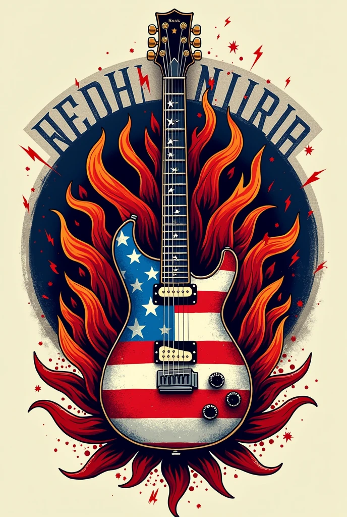 "Create a stunning and dynamic logo for the music band 'Red Hot Chili Peppers' that blends American political themes with their iconic rock style. At the center, feature an electric guitar with an American flag motif, where the body of the guitar displays bold stars and stripes. The guitar should appear as if it is on fire, with realistic flames engulfing its neck and body. Intertwined with the flames, incorporate chili peppers that are bursting with energy, adding a sense of movement and intensity to the design.Include the band name, 'Red Hot Chili Peppers,' in a bold, distressed typography that resembles old-school rock posters, with the letters appearing cracked or weathered to convey a rebellious, rugged feel. Surround the guitar with subtle yet intricate elements like music notes, lightning bolts, and abstract shapes to enhance the sense of dynamism. The color scheme should be vibrant, featuring deep reds, electric blues, and bright whites, with touches of gold and silver for added depth and contrast. The overall design should be visually explosive and memorable, perfectly capturing the band's energetic and politically-charged essence."