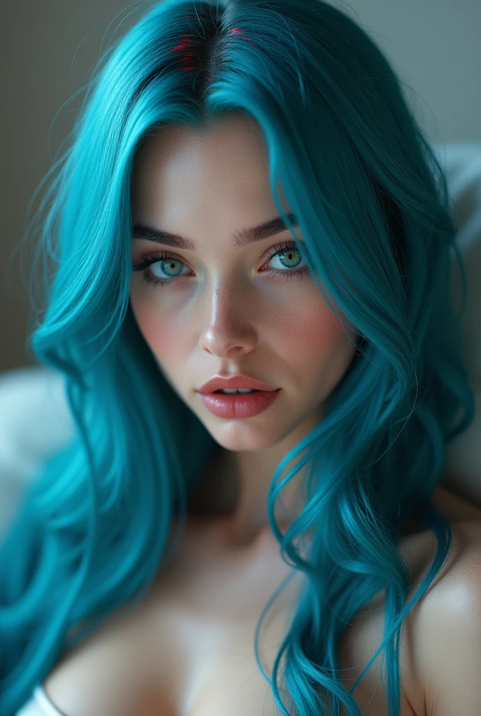 a real ultra realistic 8k goddess of temptation with cyan coloured hair and perfect beautiful face ratio according to mathematically, perfect jawlines, perfect face cut, perfect cheek bones, ultra realistic 8k facial features, beautiful blue big realistic beautiful eyes, juicy beautiful lips, bright light, long_hair In a dream world a beautiful woman bayonetta, (cyan hair with red streaks), (perfect face), beauty, seductive, (voluptuous), (completely naked), (wide hips), (big breasts), athletic waist, (She wears a very transparent plastic bodysuit where her nipples stand out), lying on a sofa with legs open, full body, very realistic, hd