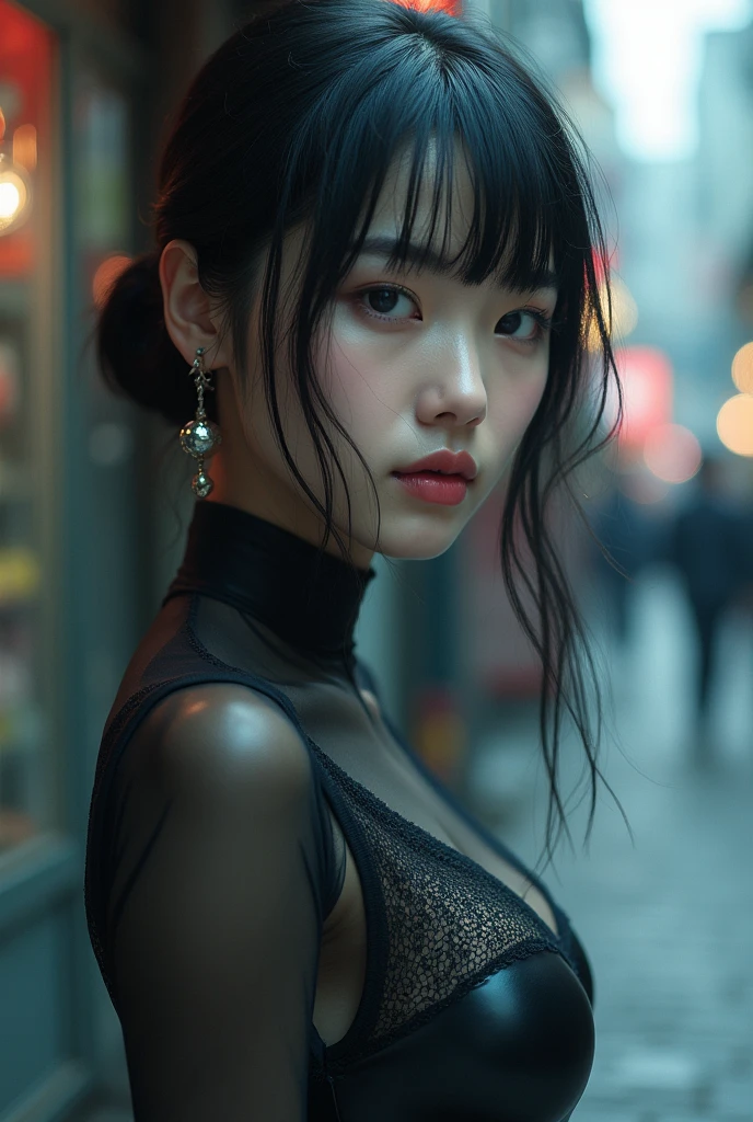 Edit Photos,Highly detailed background,Ultra-realistic,Double exposure,Depth of written boundary,beauty super slender スキニー Korean vibes,Soft focus black tone,Story Scene,Cleavage,shirt、Dark Black Hairstyles,Knee portrait photo,Pale purple eyes,iris,pupil,Bustling city background,Wabi-sabi,Latex Catsuit,Mole,Open your lips,From behind,