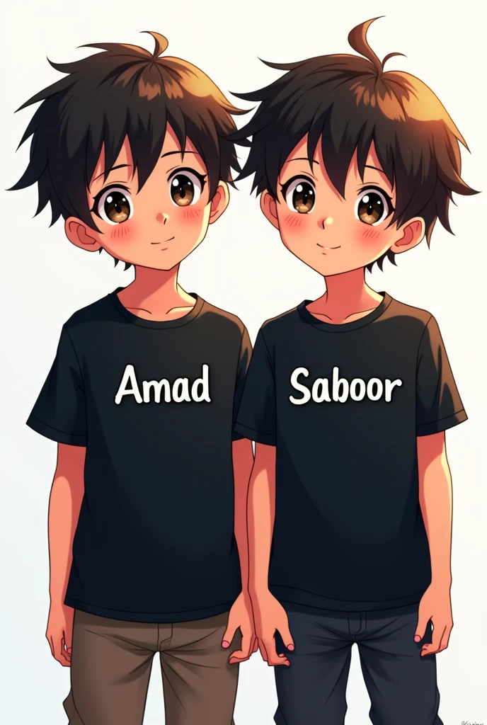 Anime two boys in black shirt One them boy shirt written AMAD and other boy shirt written SABOOR