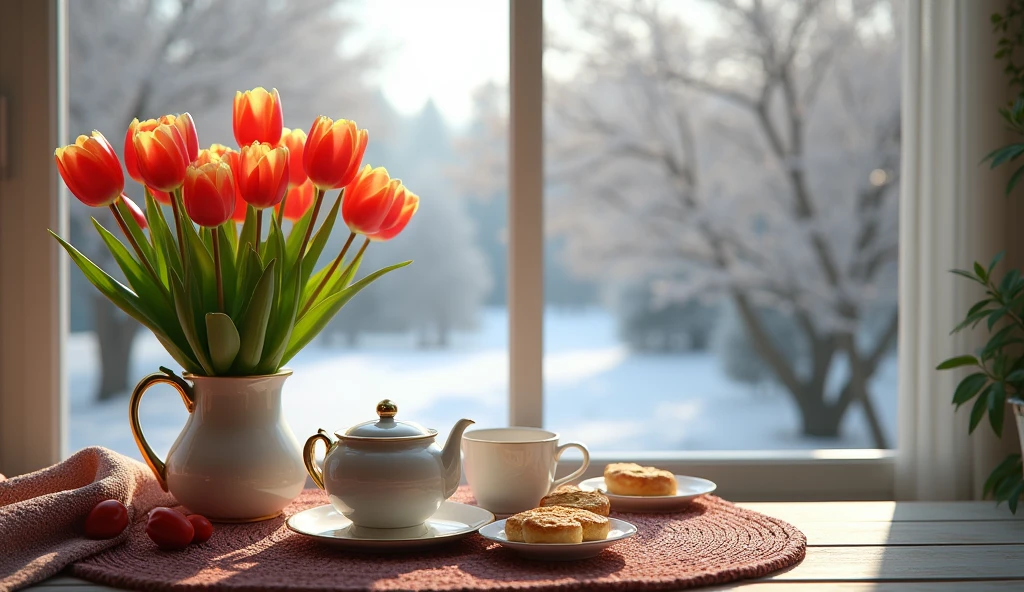 Picture a cozy winter morning on the veranda, where a vibrant bunch of tulips adds a splash of color to a serene tea setting. Perfect for those chilly days when you need a touch of warmth and beauty.