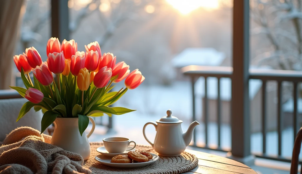 Picture a cozy winter morning on the veranda, where a vibrant bunch of tulips adds a splash of color to a serene tea setting. Perfect for those chilly days when you need a touch of warmth and beauty.