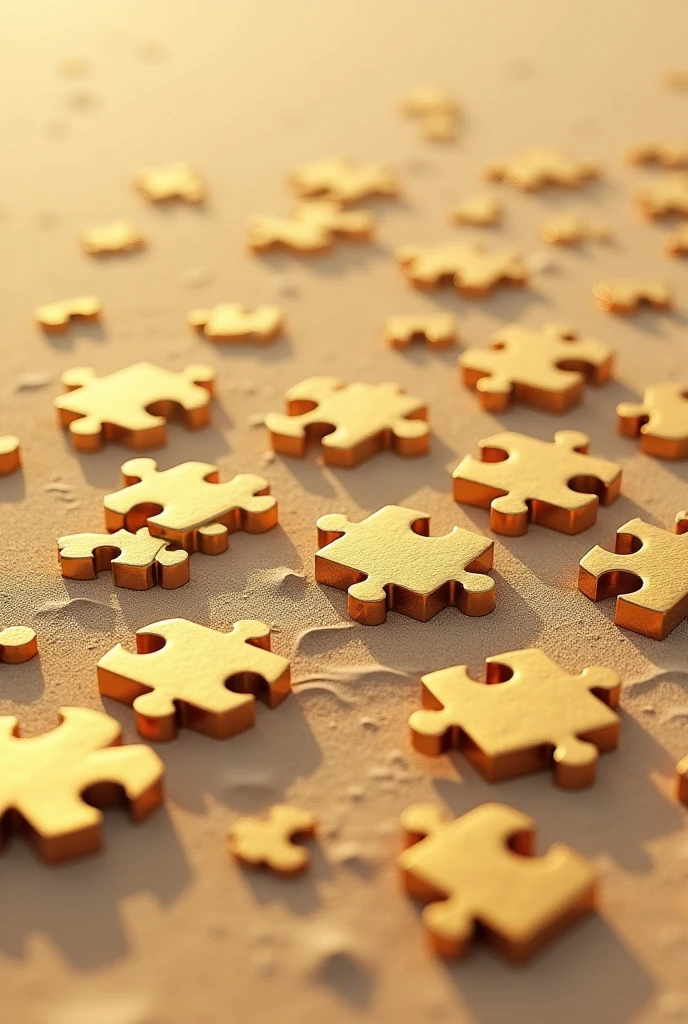 Pieces of a golden puzzle thrown into the sand