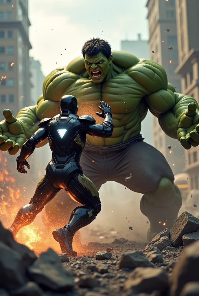 Iron man in black suit fight with hulk